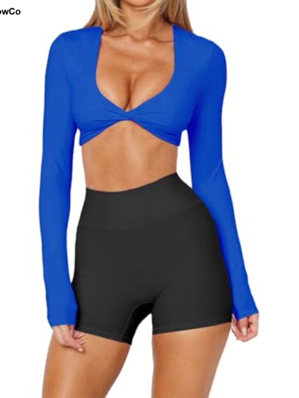 Women's Long Sleeve Crop Top Double Lined Twist Front V Neck Workout Top